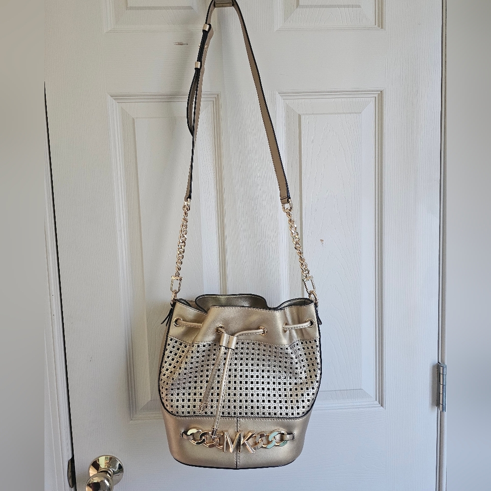 Michael Kors Metallic Gold Perforated Bucket Purse With Gold Hardware